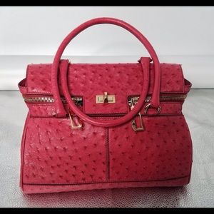 MaxMara Raspberry Pink Ostrich Skin Margaux Turn Lock satchel bag
